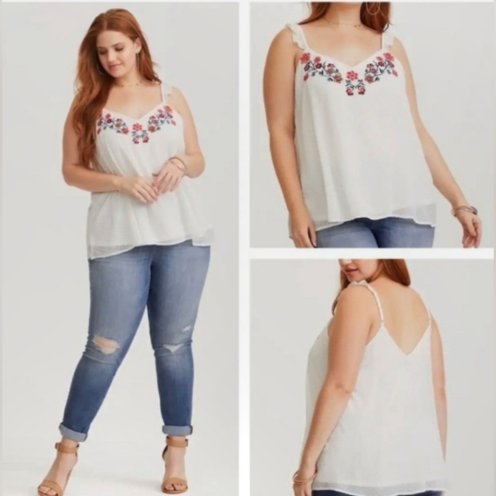 Torrid, White Embroidered Floral, Chip Dot, Chiffon Cami Tank Top, Size 2X